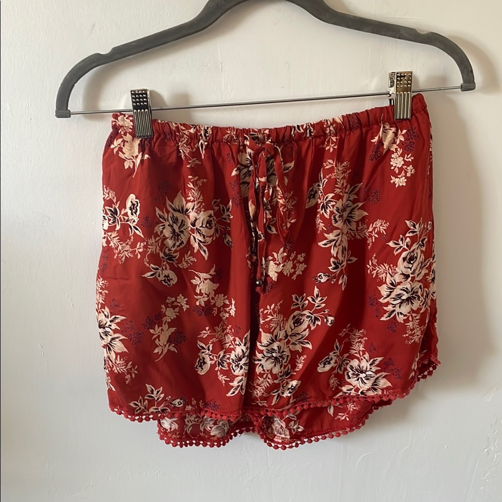 Angie Red and White High Waist Floral Shorts